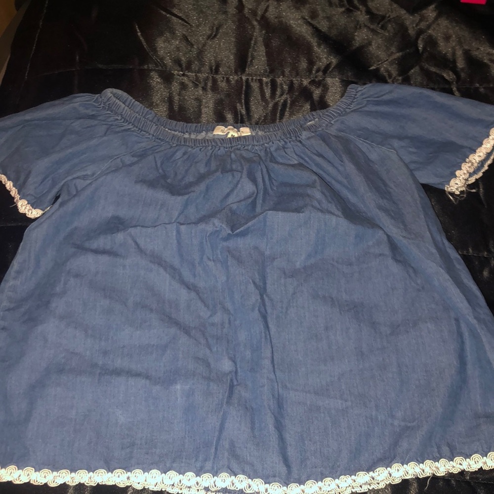 Off the shoulder blue w/ white blouse